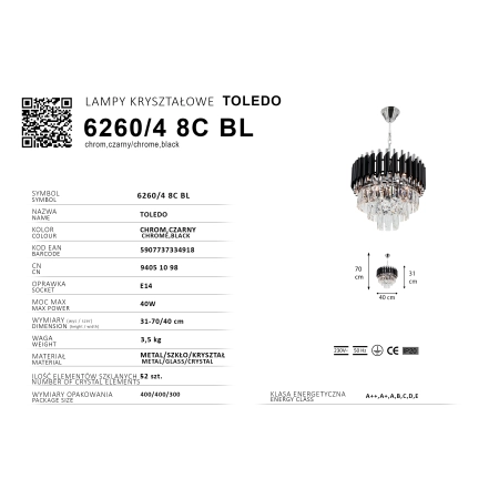 Żyrandol glamour czarno-chromowany 4-punktowy 6260/4 z serii TOLEDO - Lampy Elem